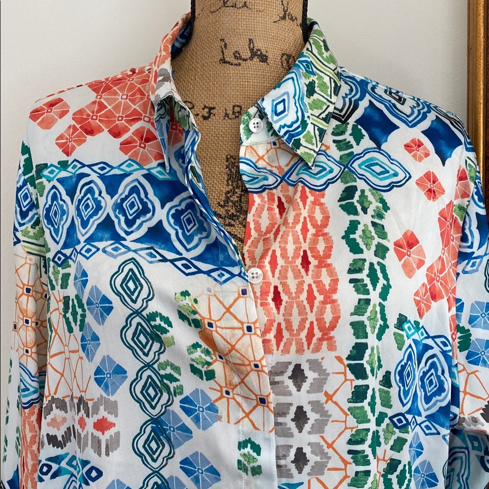 Chico's Blue Orange Geometric Button Down Shirt Blouse Long Sleeve Size 3 - Picture 3 of 7